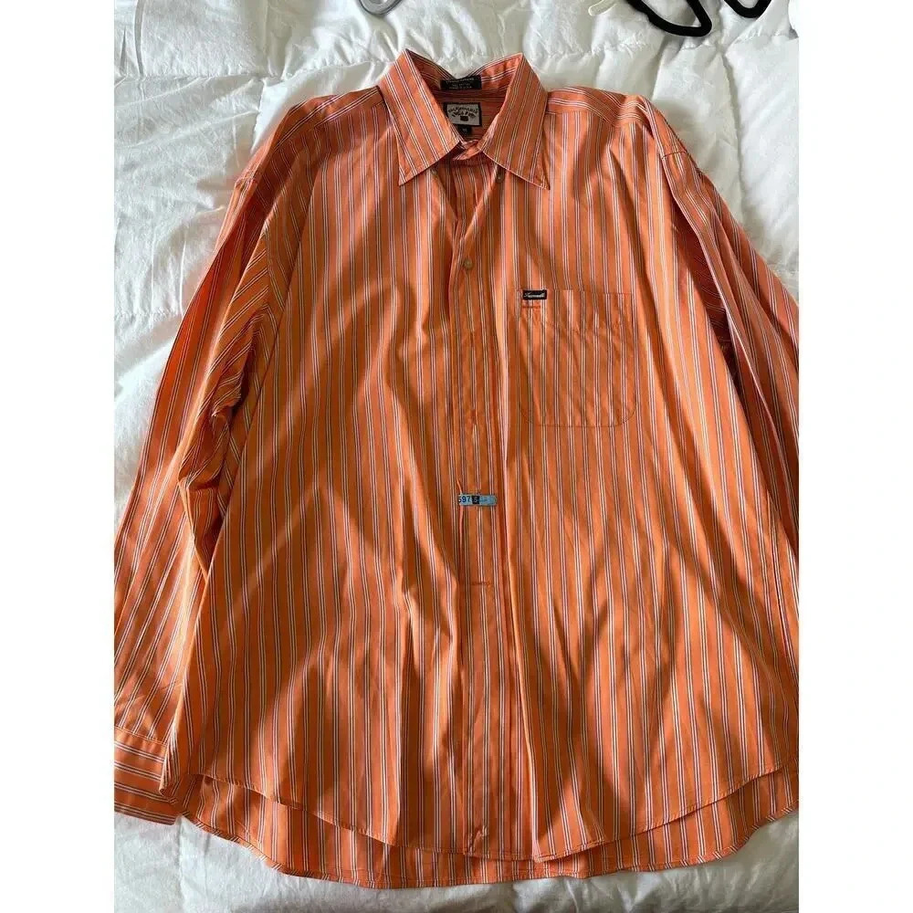 Faconnable Men's Orange & White Stripes Long Sleeves Button Down Shirt Size XL